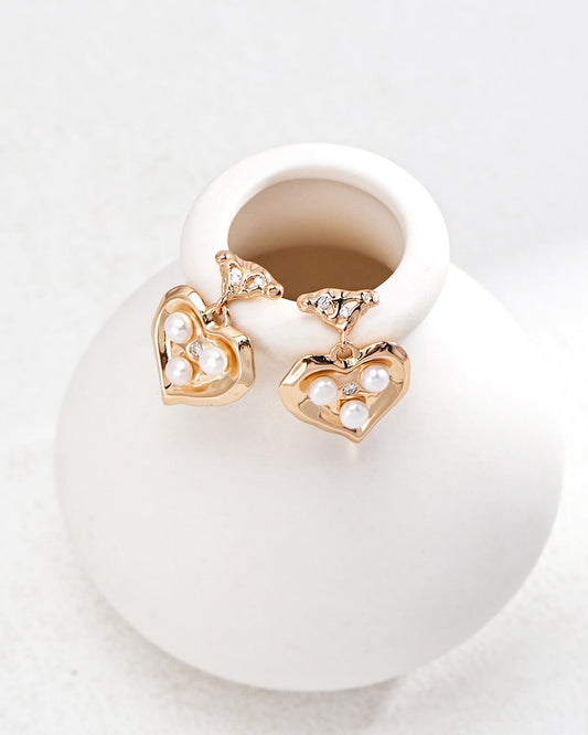 Vintage Gold Poker Heart Pearl Earrings - S925 Sterling Silver