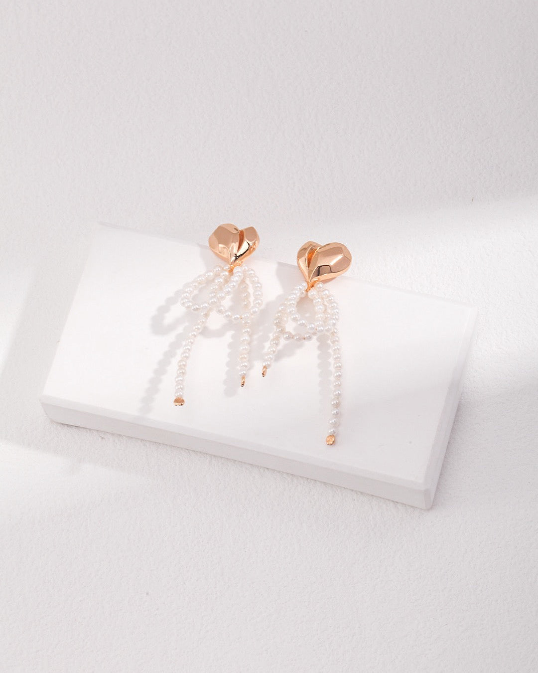 Sweet Romance" S925 Silver Vintage Gold Heart & Pearl Bow Tassel Earrings