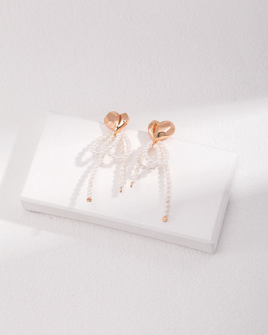 Sweet Romance" S925 Silver Vintage Gold Heart & Pearl Bow Tassel Earrings